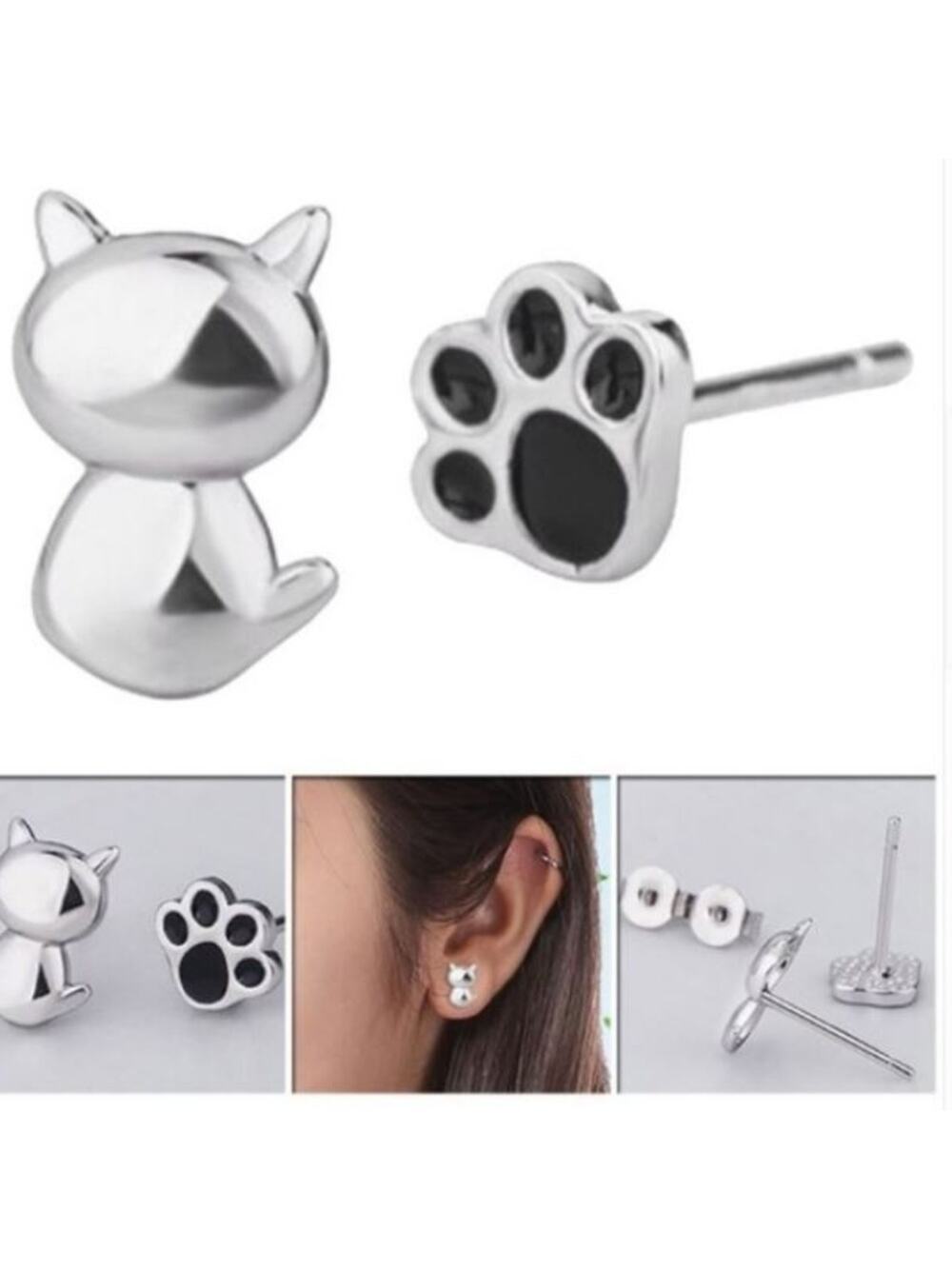 Small Cat and Paw Print Post Earrings